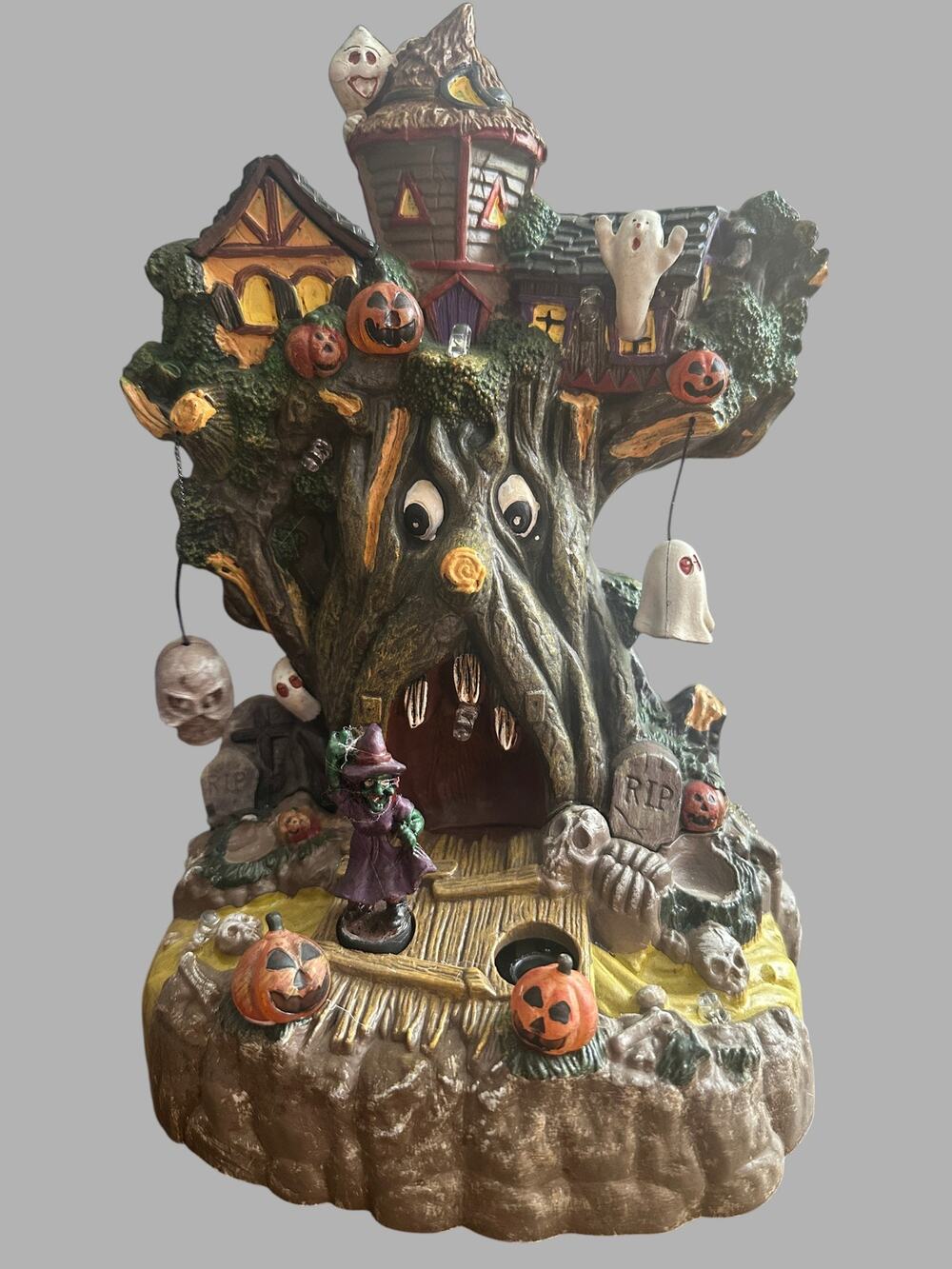 Halloween Haunted Tree House Light Up Sound Ghost Pumpkin Resin Decor 11"